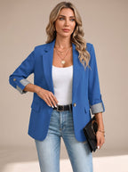 Women's Hip-Length Unstructured Blazer with Roll-Up Sleeves - Blue