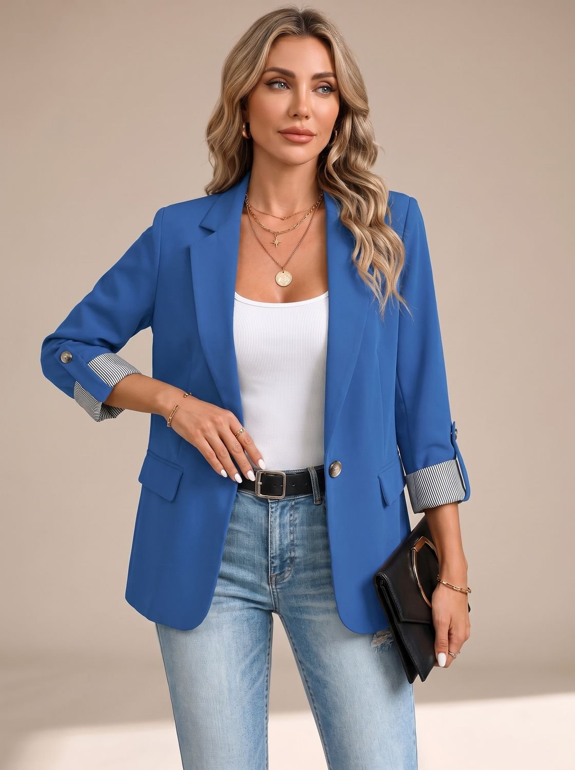 Women's Hip-Length Unstructured Blazer with Roll-Up Sleeves - Blue