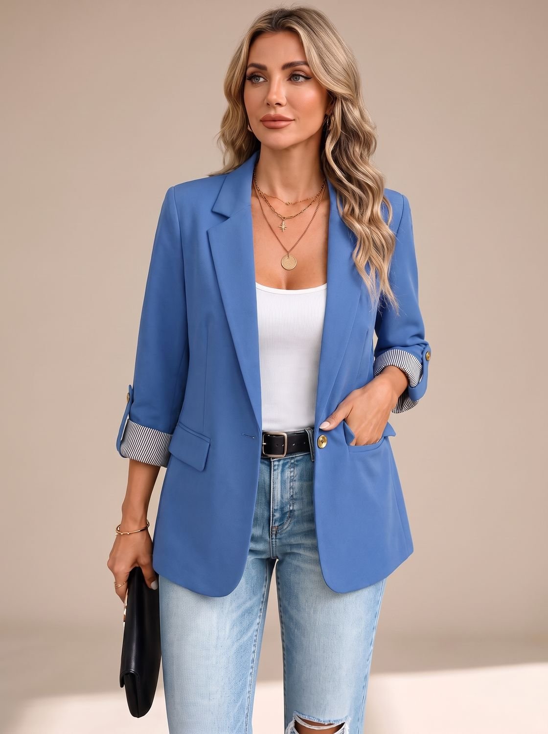 Women's Hip-Length Unstructured Blazer with Roll-Up Sleeves