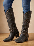 Women's Rivet-Embellished Tall Cowboy Boots with Mid Block Heel - Black
