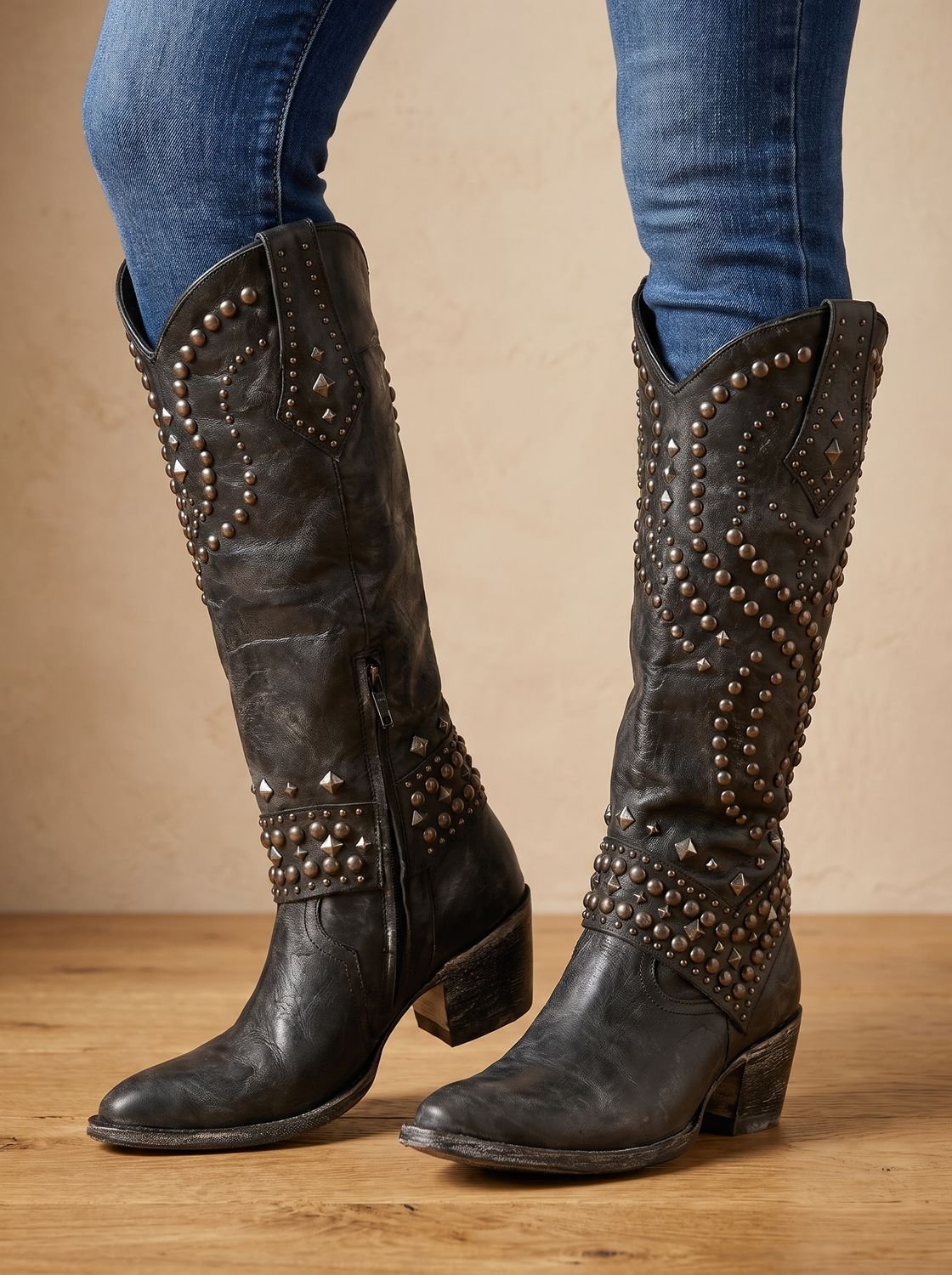Women's Rivet-Embellished Tall Cowboy Boots with Mid Block Heel - Black
