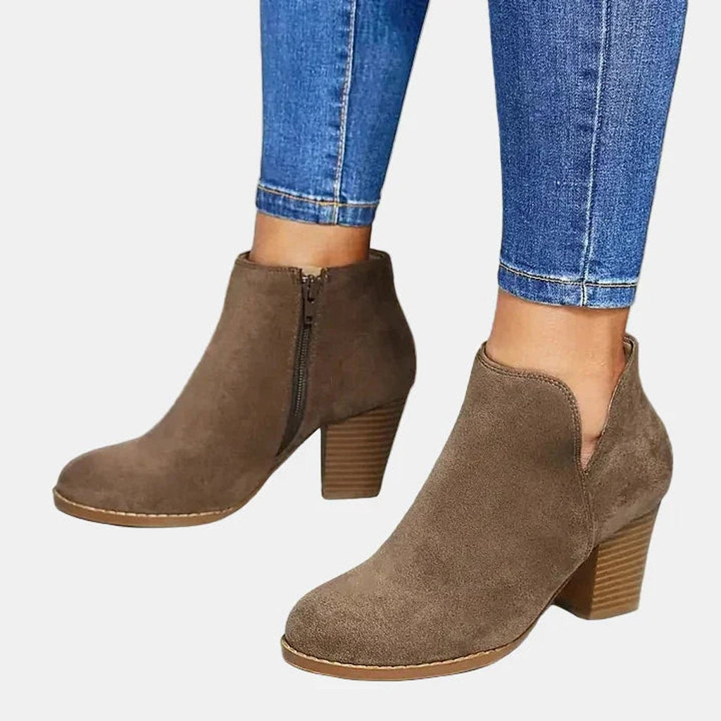 Women's Suede Ankle Boots with V-Cut Stacked Heel – Beige