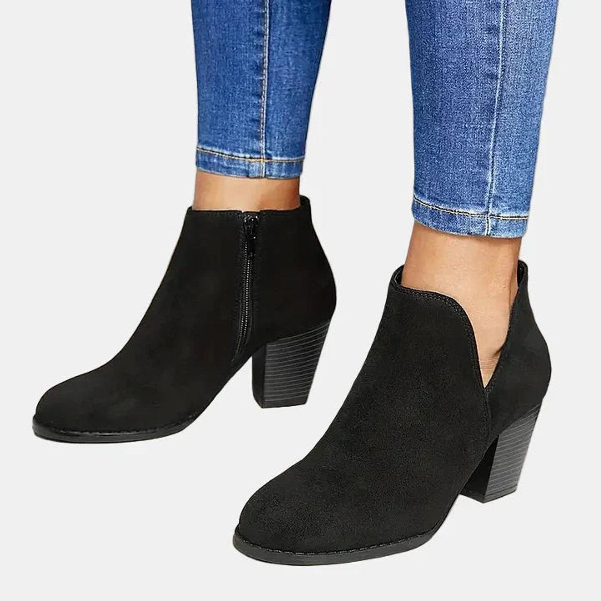 Women's Suede Ankle Boots with V-Cut Stacked Heel – Black