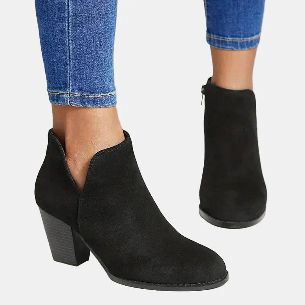Women's Suede Ankle Boots with V-Cut Stacked Heel