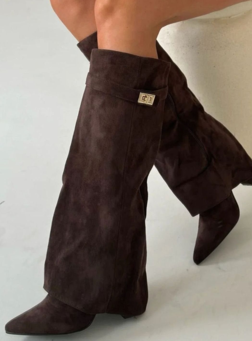 Women's Fold-Over Buckle Boots with Pointed Toe Wedge – Brown Suede