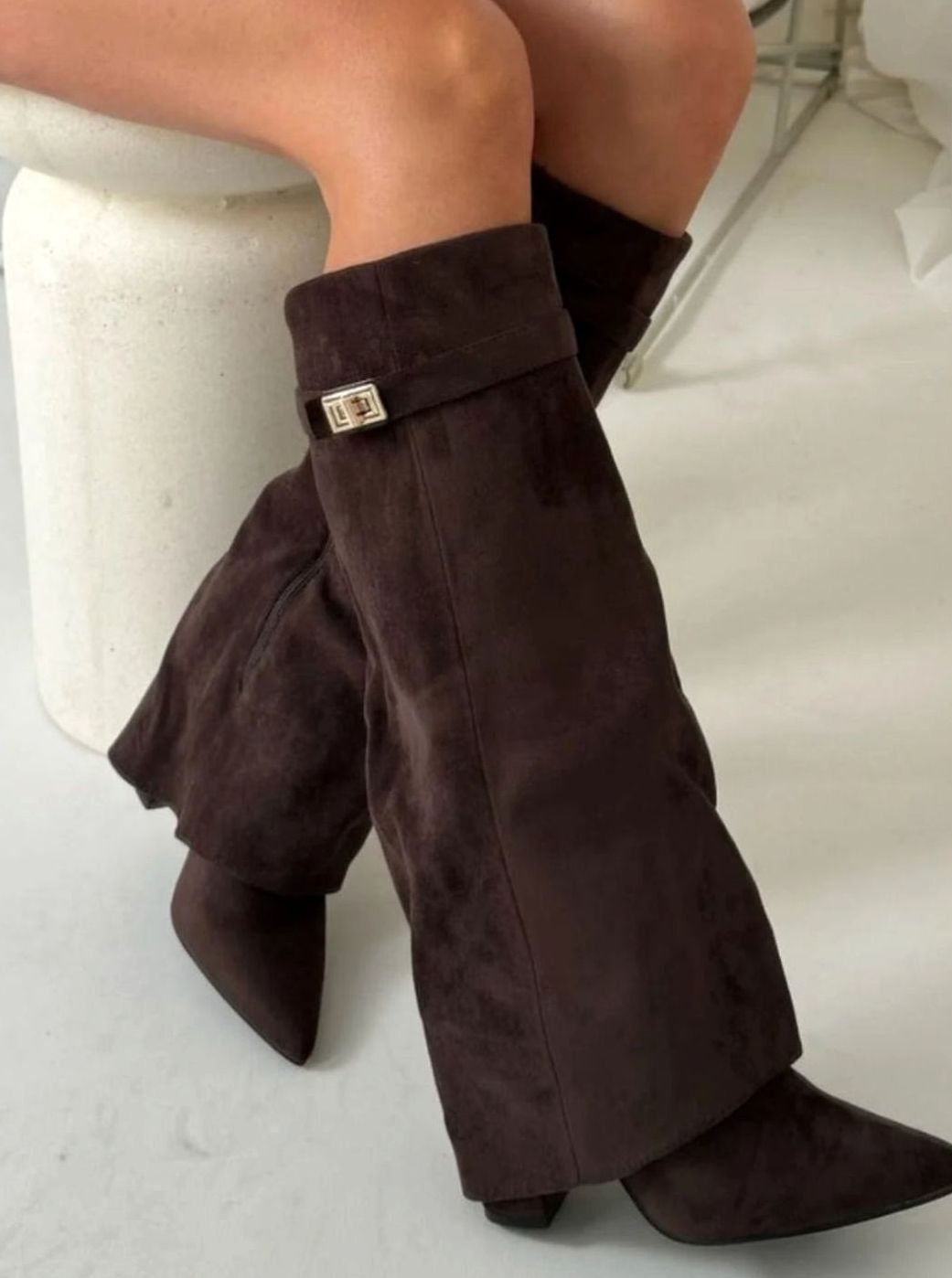 Women's Fold-Over Buckle Boots with Pointed Toe Wedge