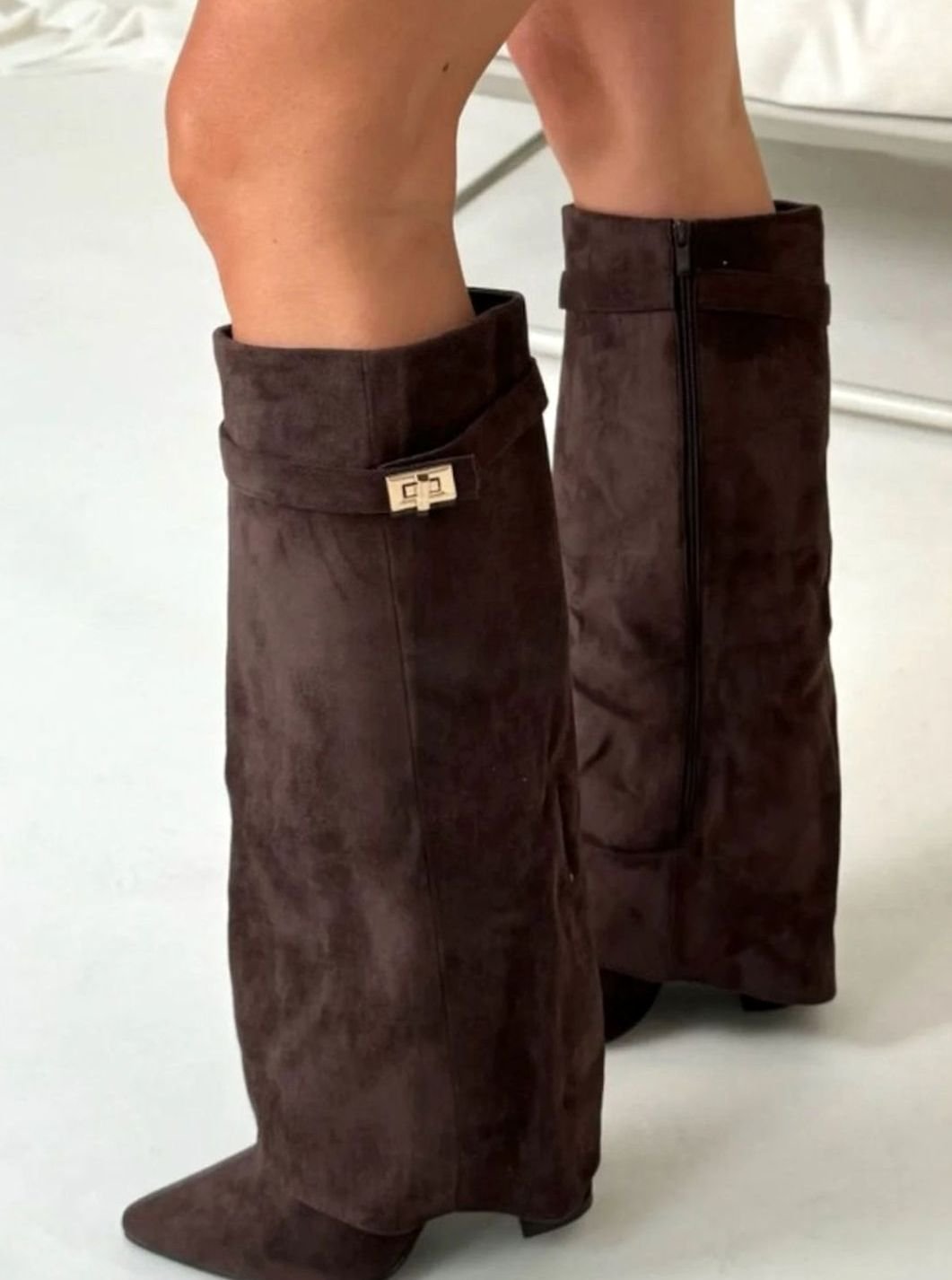 Women's Fold-Over Buckle Boots with Pointed Toe Wedge
