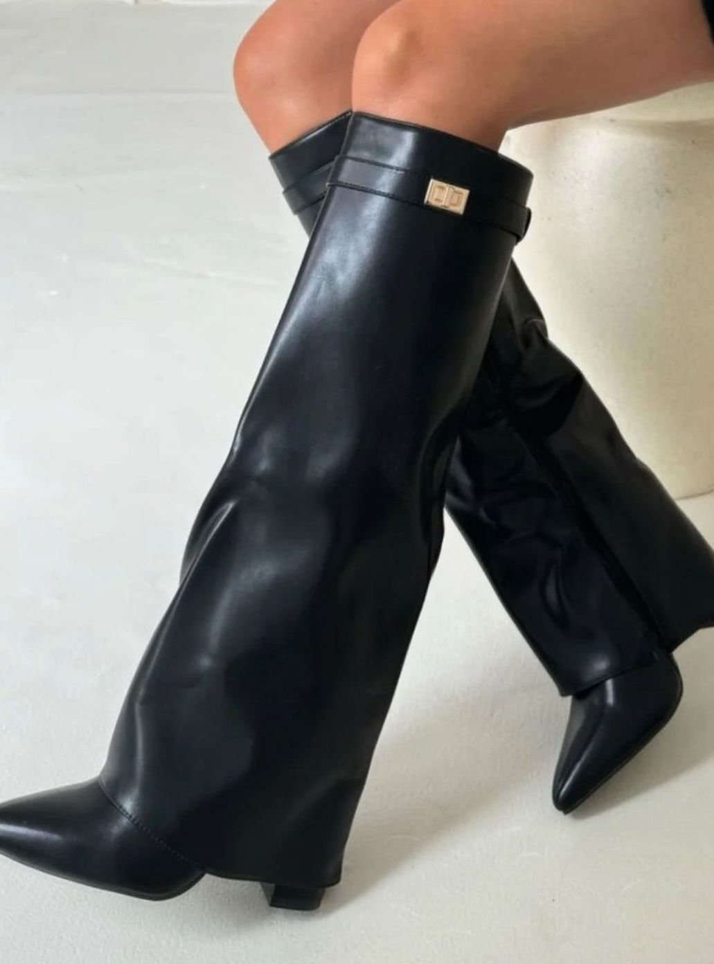 Women's Fold-Over Buckle Boots with Pointed Toe Wedge – Black