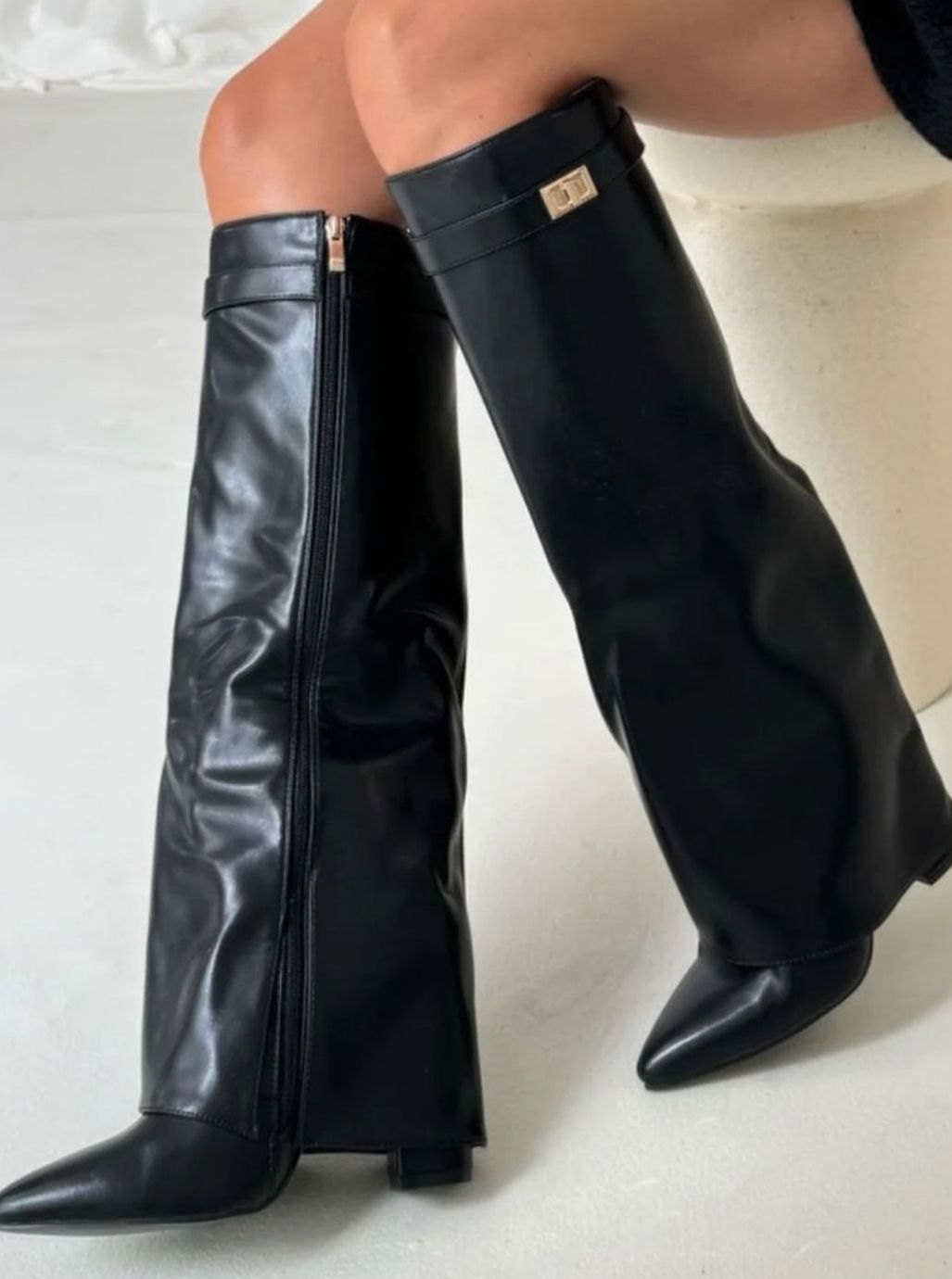 Women's Fold-Over Buckle Boots with Pointed Toe Wedge