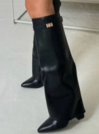 Women's Fold-Over Buckle Boots with Pointed Toe Wedge