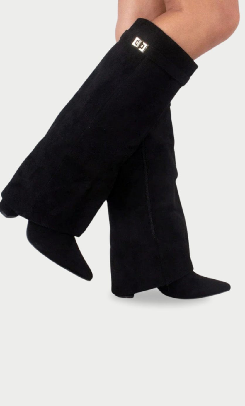 Women's Fold-Over Buckle Boots with Pointed Toe Wedge – Black Suede