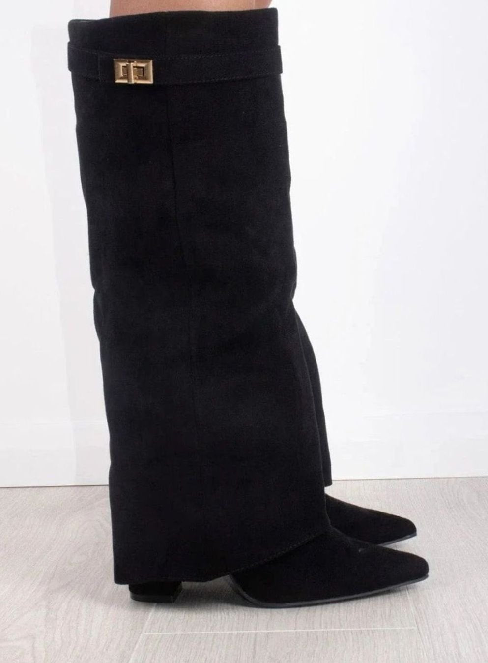 Women's Fold-Over Buckle Boots with Pointed Toe Wedge