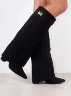 Women's Fold-Over Buckle Boots with Pointed Toe Wedge