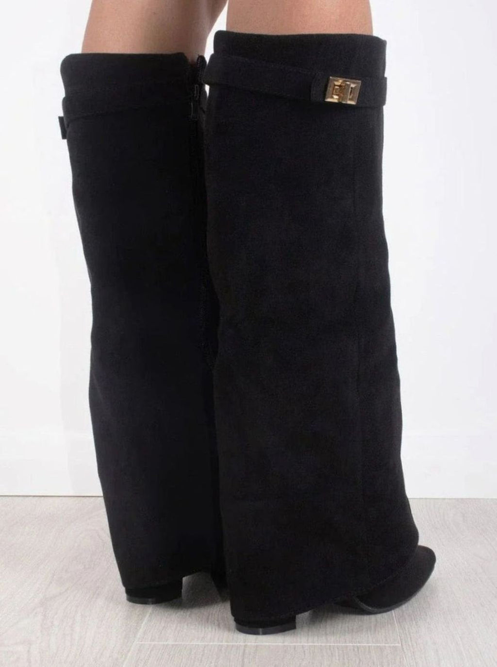 Women's Fold-Over Buckle Boots with Pointed Toe Wedge