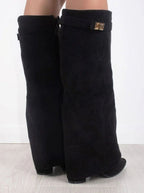 Women's Fold-Over Buckle Boots with Pointed Toe Wedge