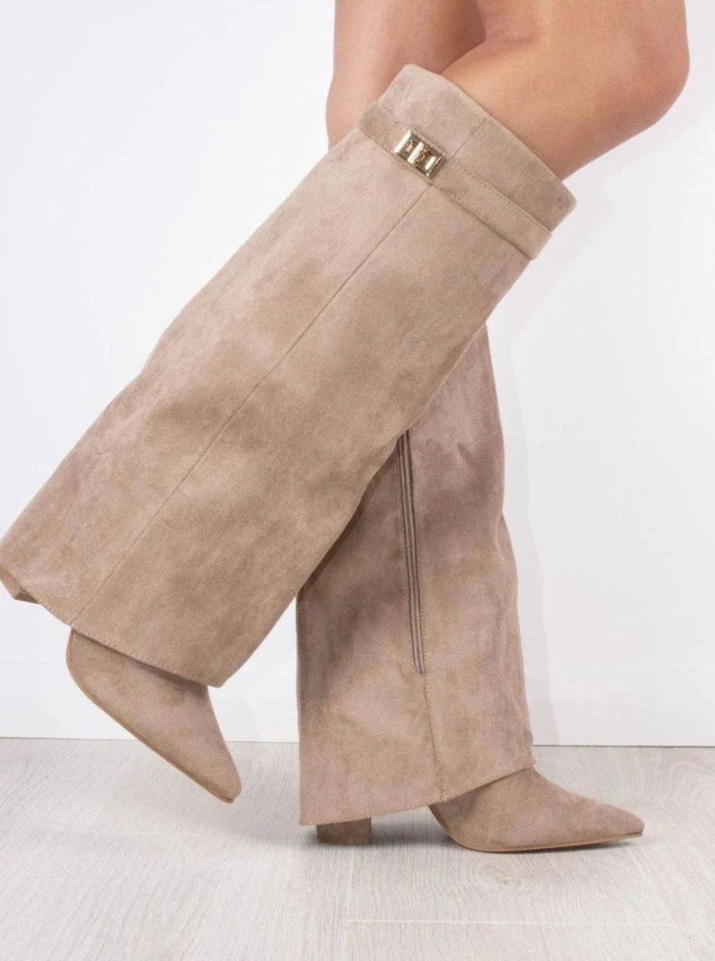 Women's Fold-Over Buckle Boots with Pointed Toe Wedge – Beige Suede