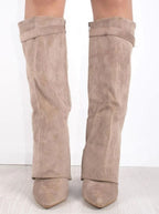 Women's Fold-Over Buckle Boots with Pointed Toe Wedge