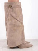 Women's Fold-Over Buckle Boots with Pointed Toe Wedge