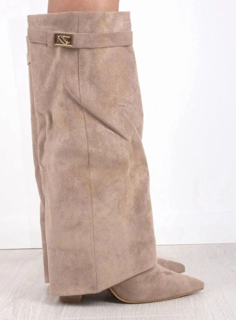 Women's Fold-Over Buckle Boots with Pointed Toe Wedge