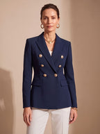 Women's Structured Double-Breasted Blazer with Embossed Buttons - Black