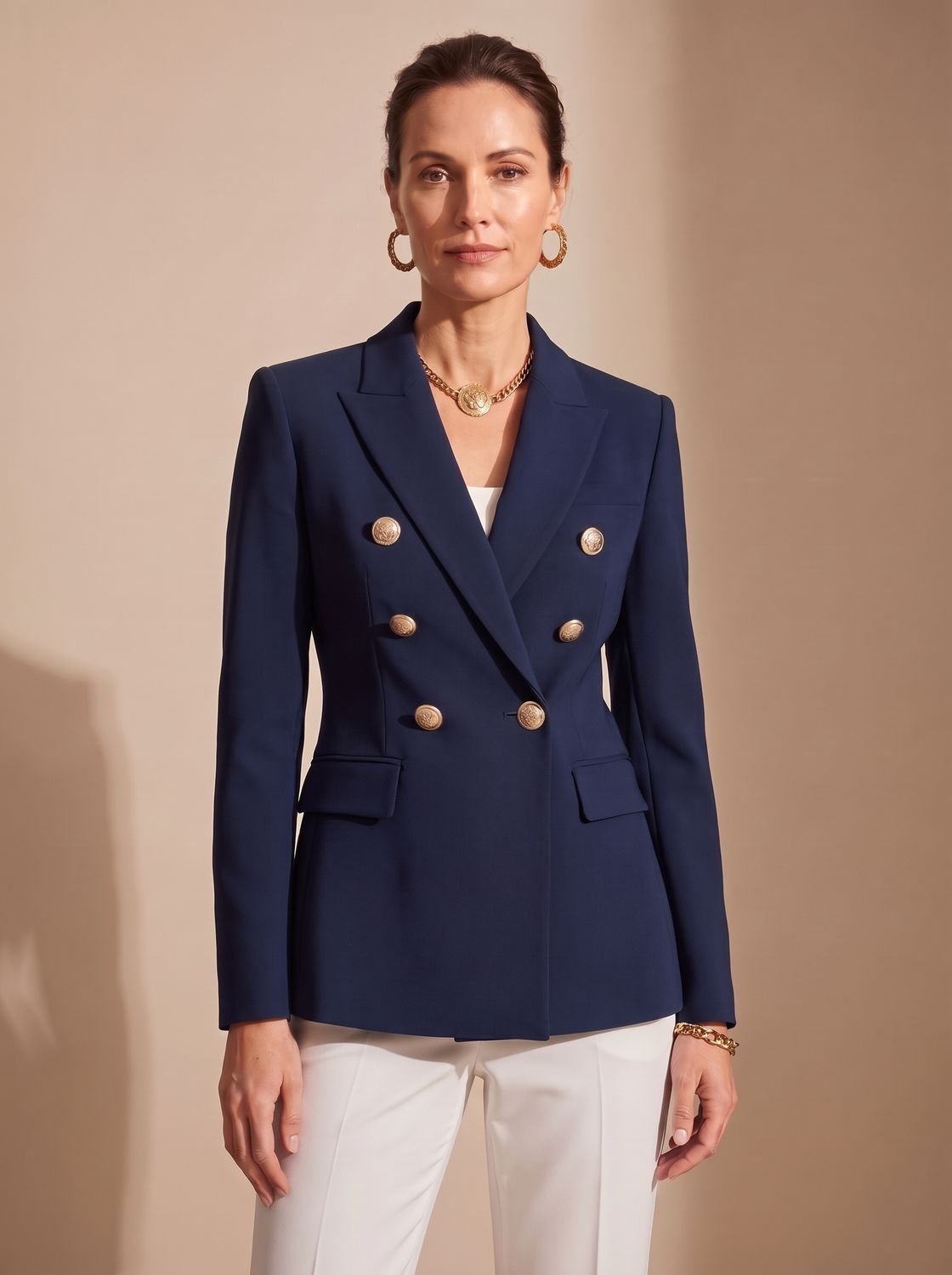 Women's Structured Double-Breasted Blazer with Embossed Buttons - Black