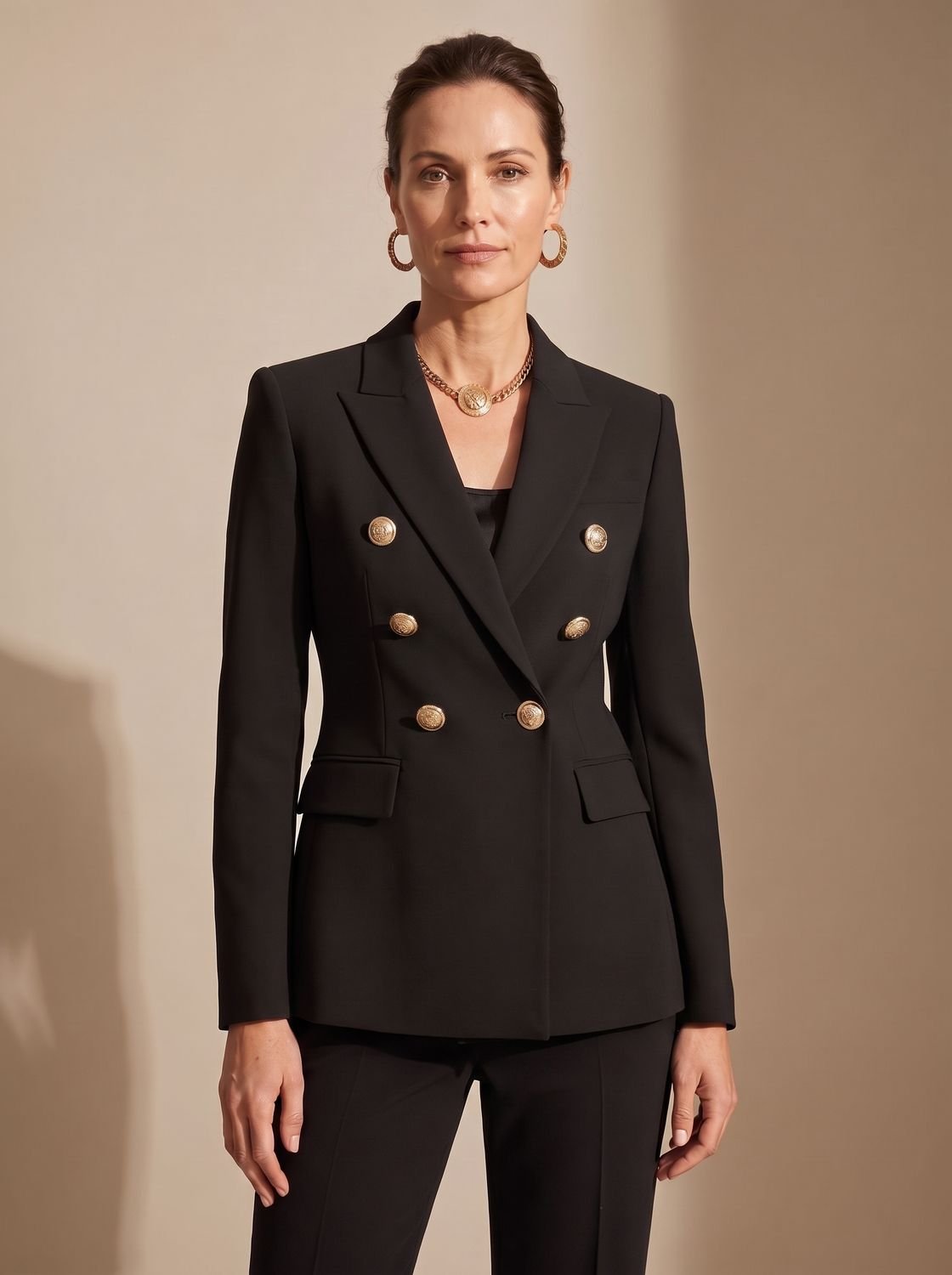 Women's Structured Double-Breasted Blazer with Embossed Buttons