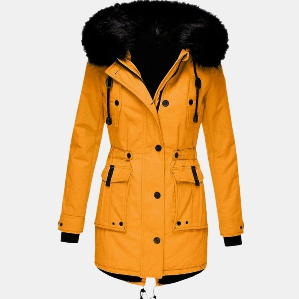 Women's Faux Fur Hood Parka Coat with Drawstring Waist – Gold