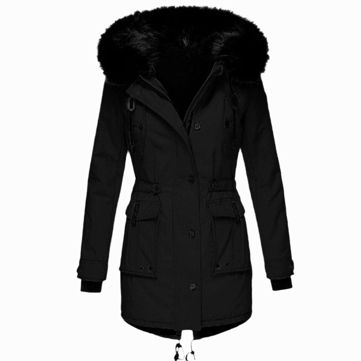 Women's Faux Fur Hood Parka Coat with Drawstring Waist – Black