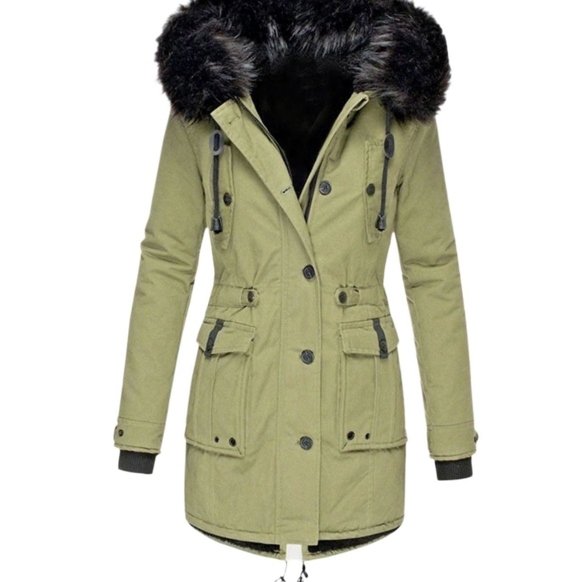 Women's Faux Fur Hood Parka Coat with Drawstring Waist – Green