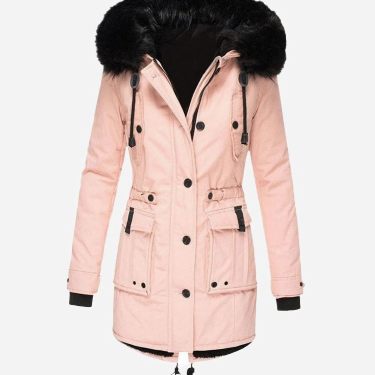 Women's Faux Fur Hood Parka Coat with Drawstring Waist – Pink
