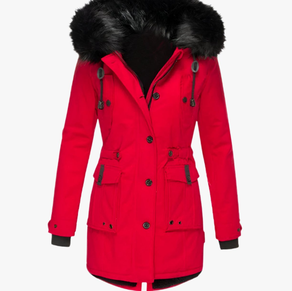 Women's Faux Fur Hood Parka Coat with Drawstring Waist – Red
