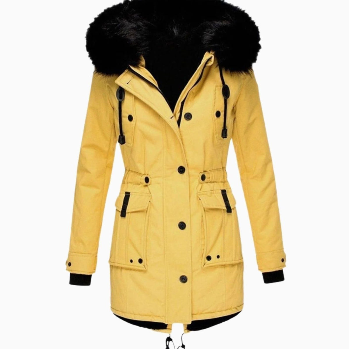 Women's Faux Fur Hood Parka Coat with Drawstring Waist – Yellow