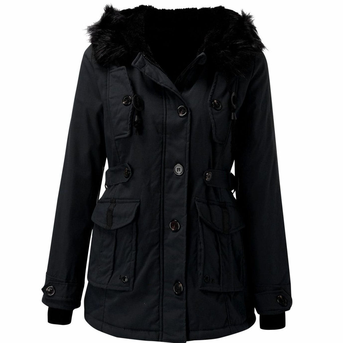 Women's Faux Fur Hood Parka Coat with Drawstring Waist