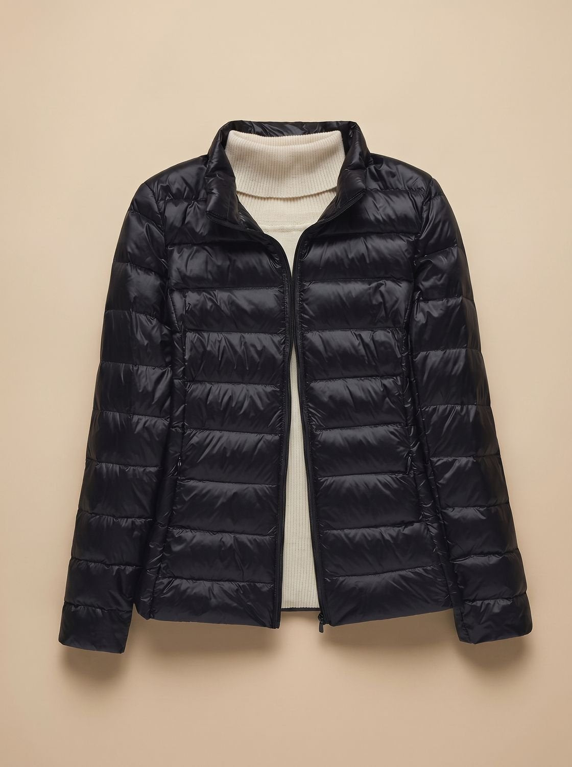 Women's Quilted Puffer Coat with Stand-Up Collar – Black