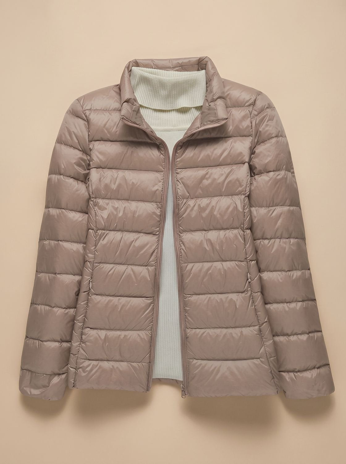 Women's Quilted Puffer Coat with Stand-Up Collar – Khaki