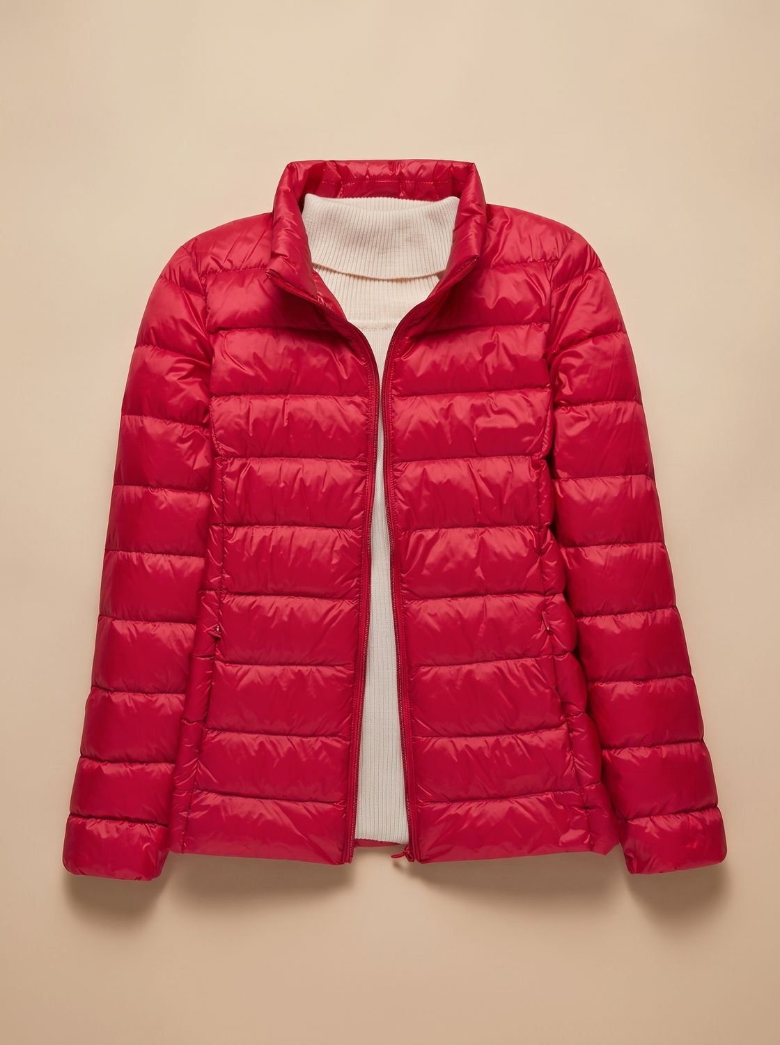 Women's Quilted Puffer Coat with Stand-Up Collar – Red
