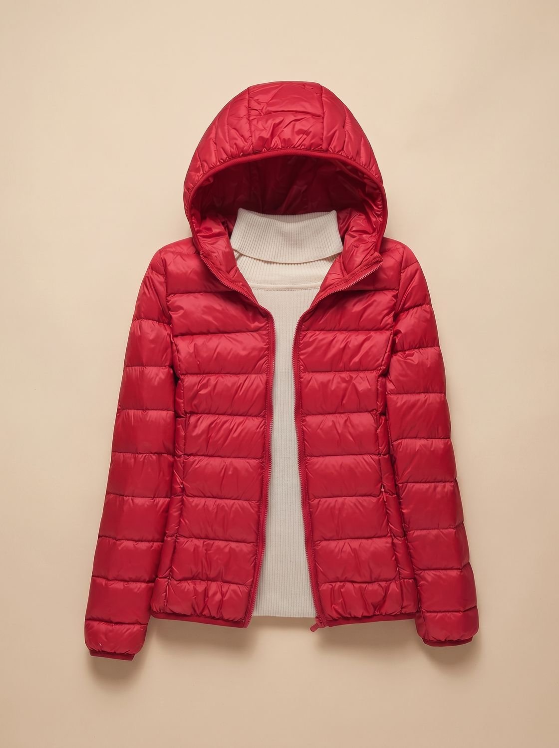 Women's Slim Quilted Puffer Coat Zip Front Hood – Red