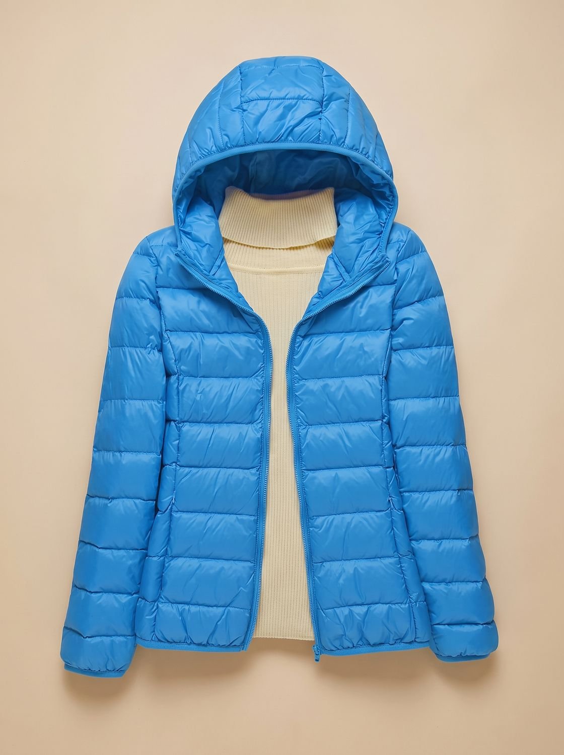 Women's Slim Quilted Puffer Coat Zip Front Hood – Blue