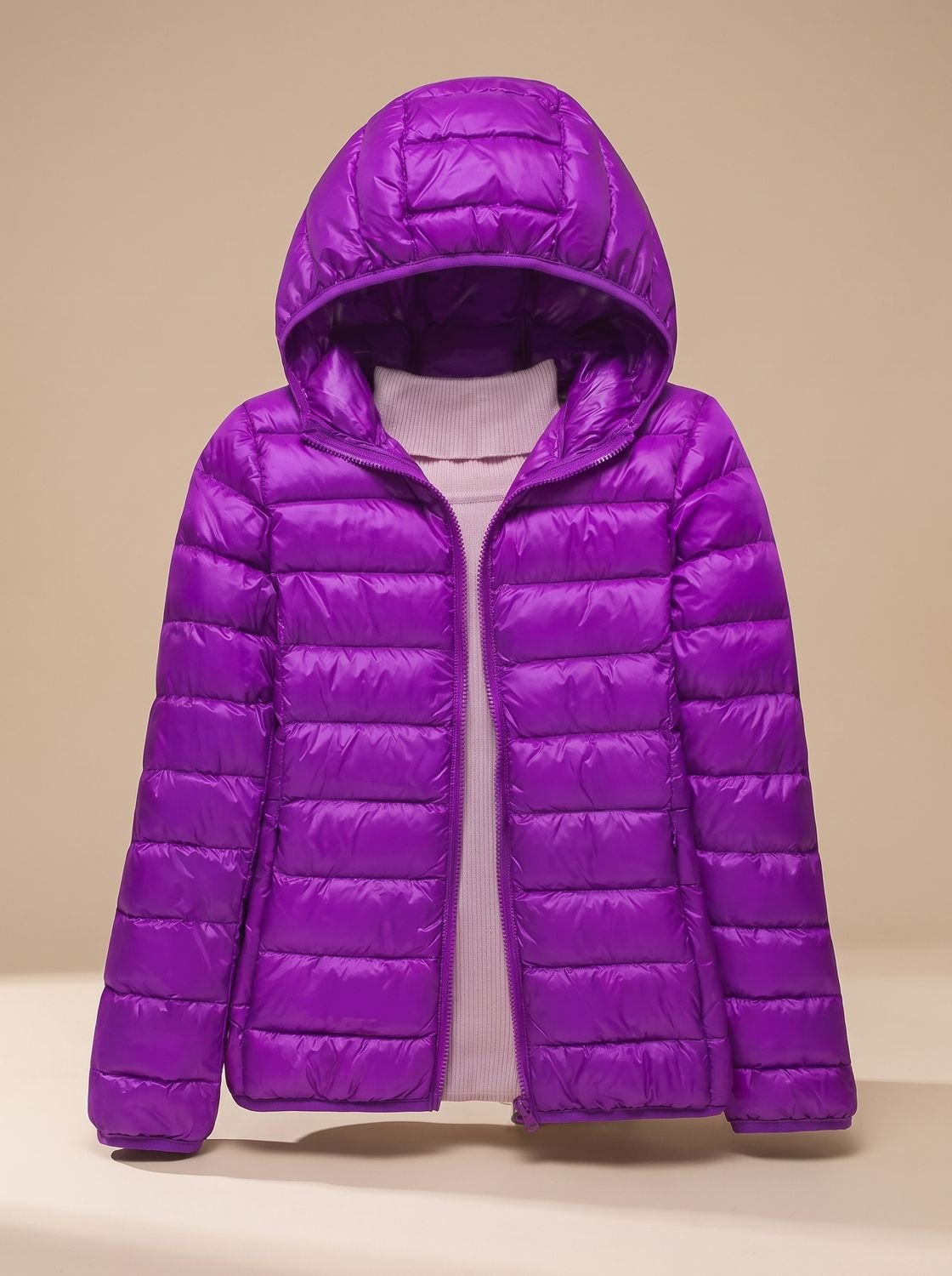 Women's Slim Quilted Puffer Coat Zip Front Hood – Purple