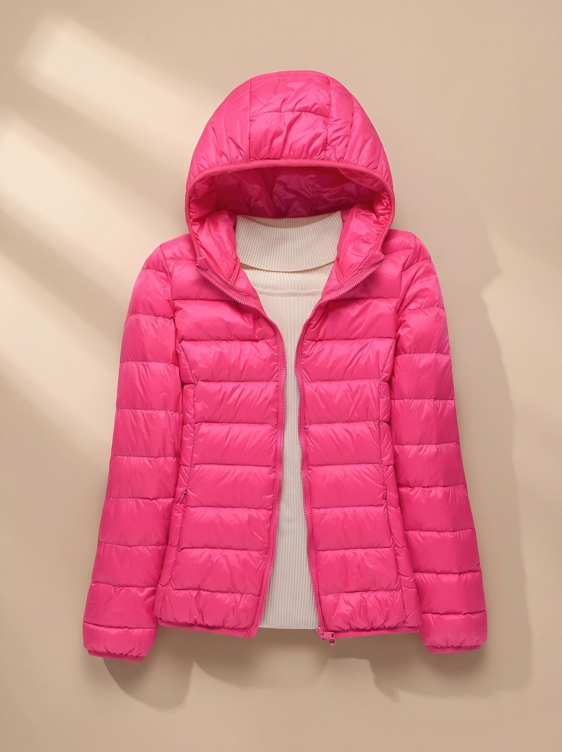 Women's Slim Quilted Puffer Coat Zip Front Hood – Pink