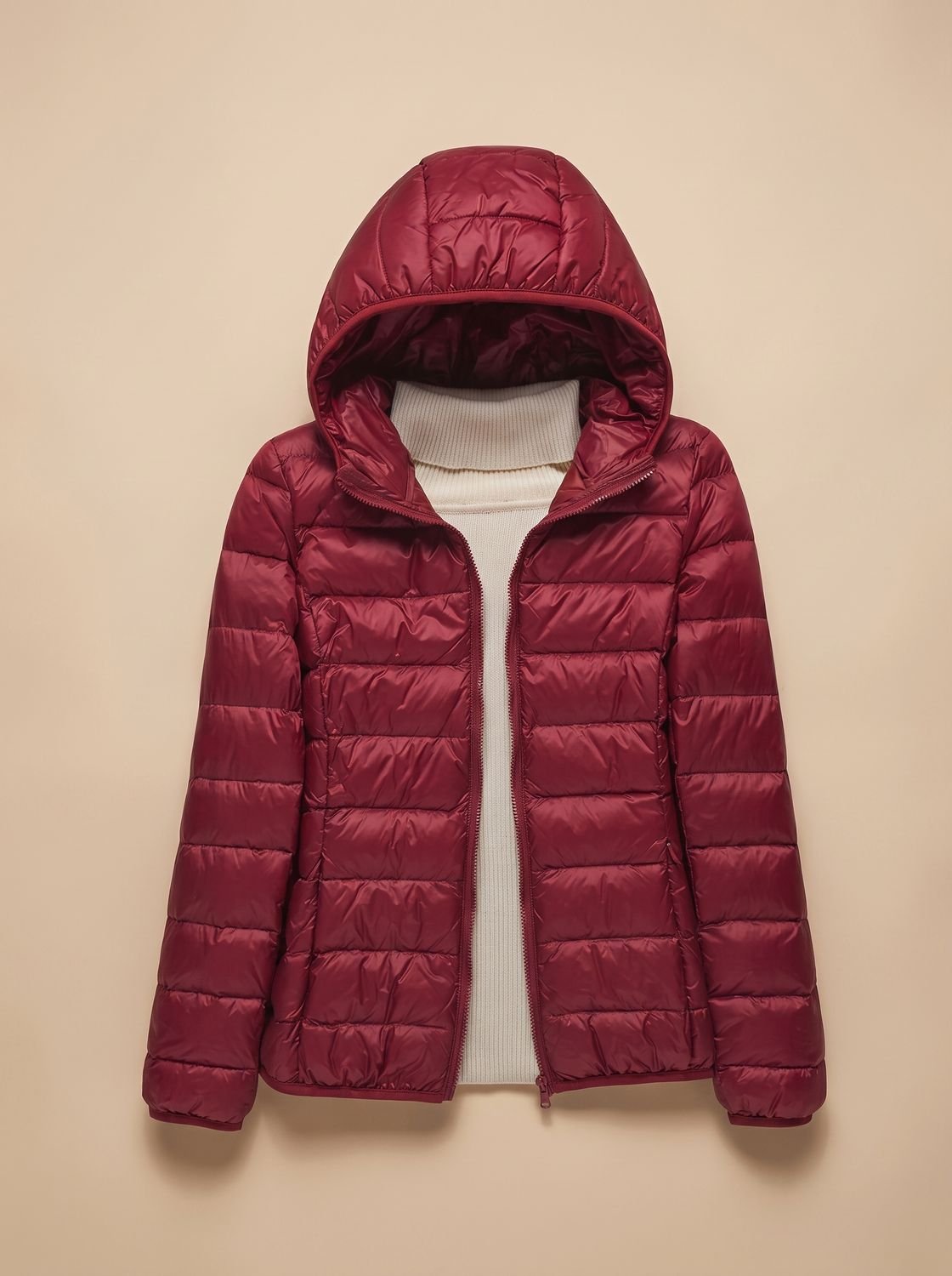 Women's Slim Quilted Puffer Coat Zip Front Hood – Burgundy