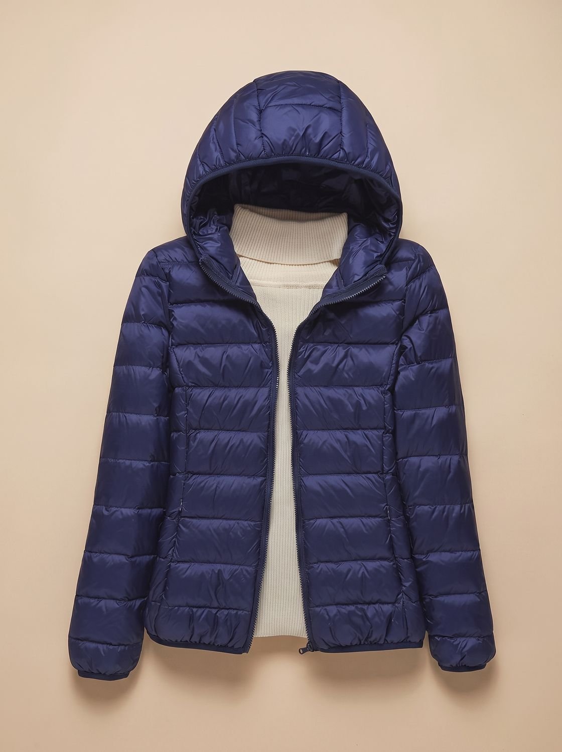 Women's Slim Quilted Puffer Coat Zip Front Hood – Dark Blue