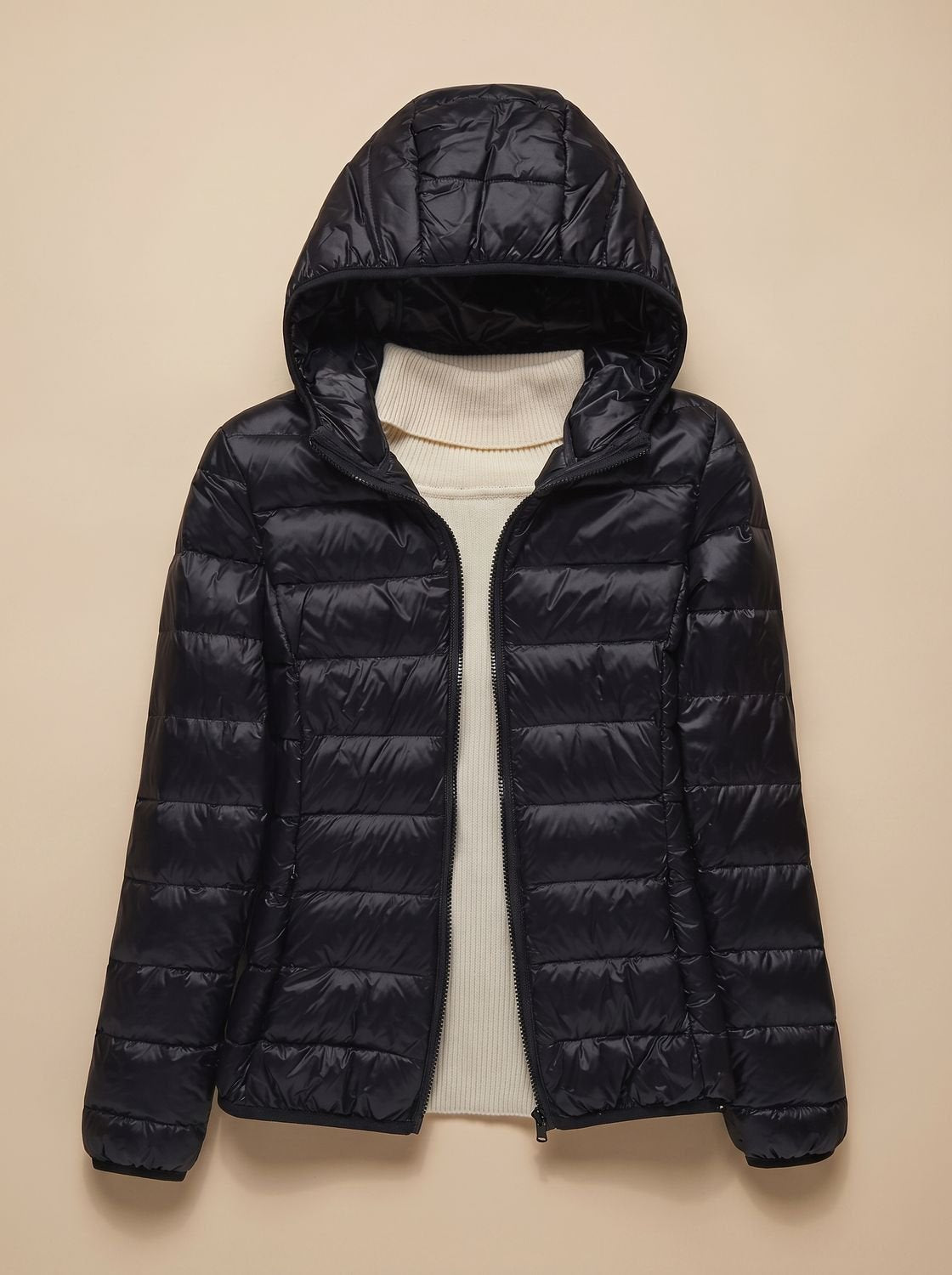 Women's Slim Quilted Puffer Coat Zip Front Hood – Black