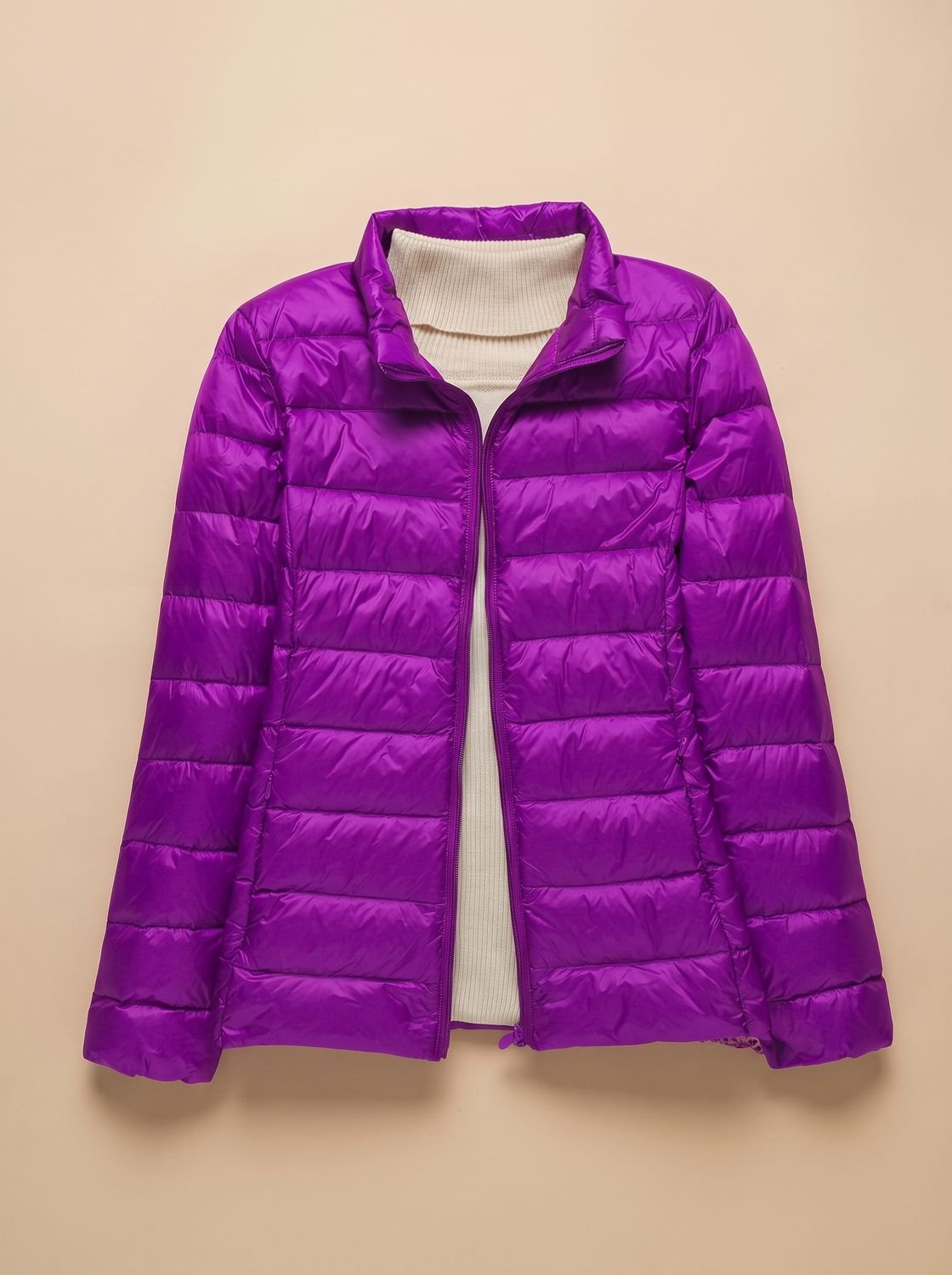 Women's Quilted Puffer Coat with Stand-Up Collar – Purple