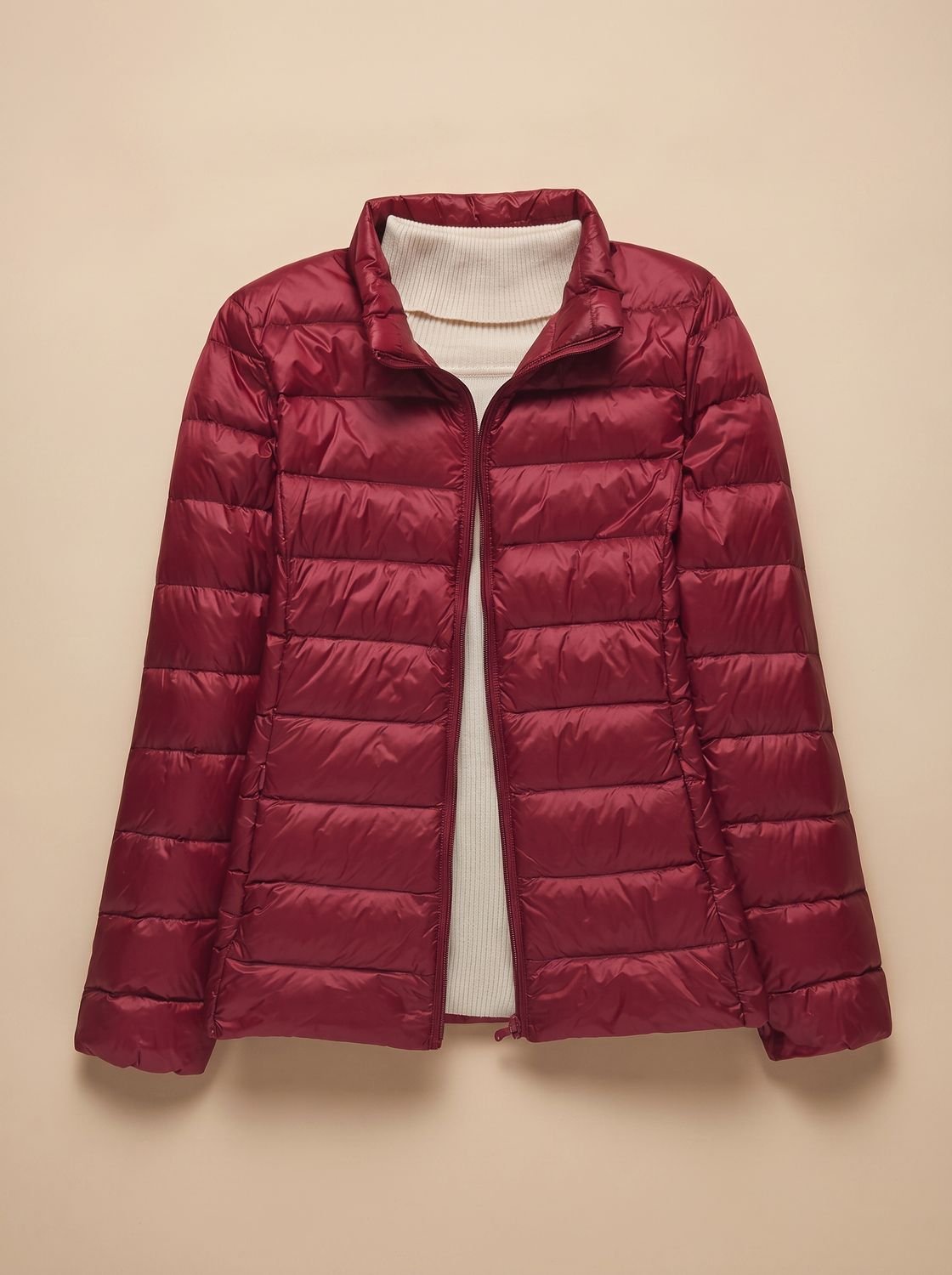 Women's Quilted Puffer Coat with Stand-Up Collar – Burgundy