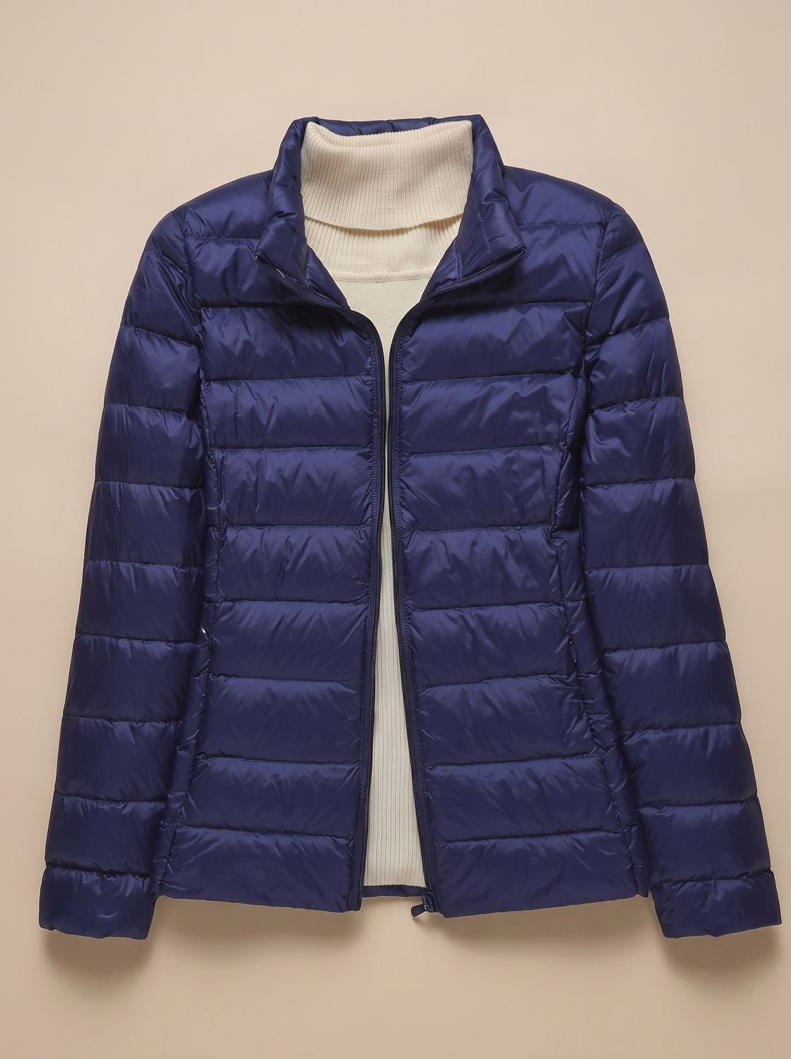 Women's Quilted Puffer Coat with Stand-Up Collar – Dark Blue