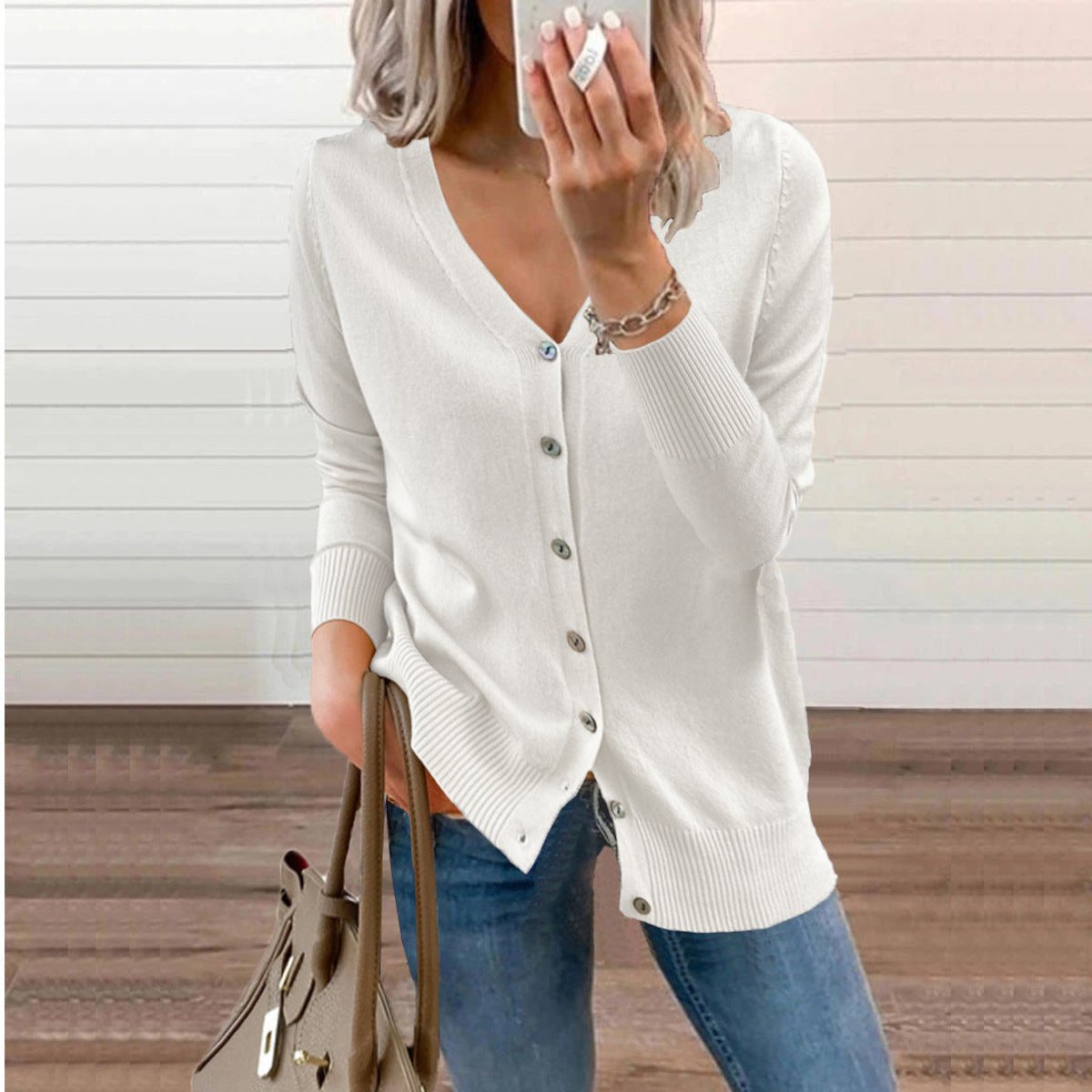 Women's Button-Through Knit Cardigan with Ribbed Cuffs – White
