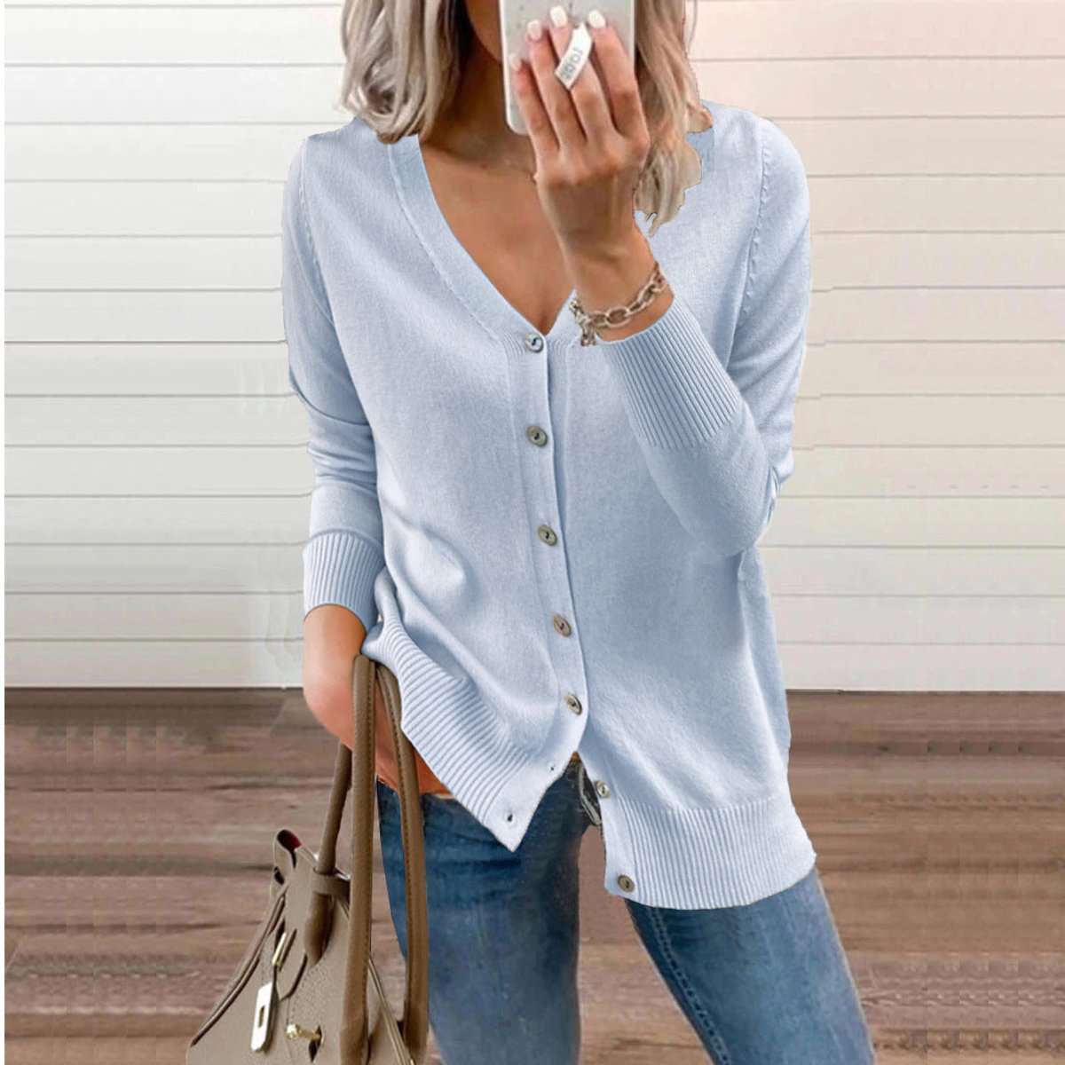 Women's Button-Through Knit Cardigan with Ribbed Cuffs – Sky Blue