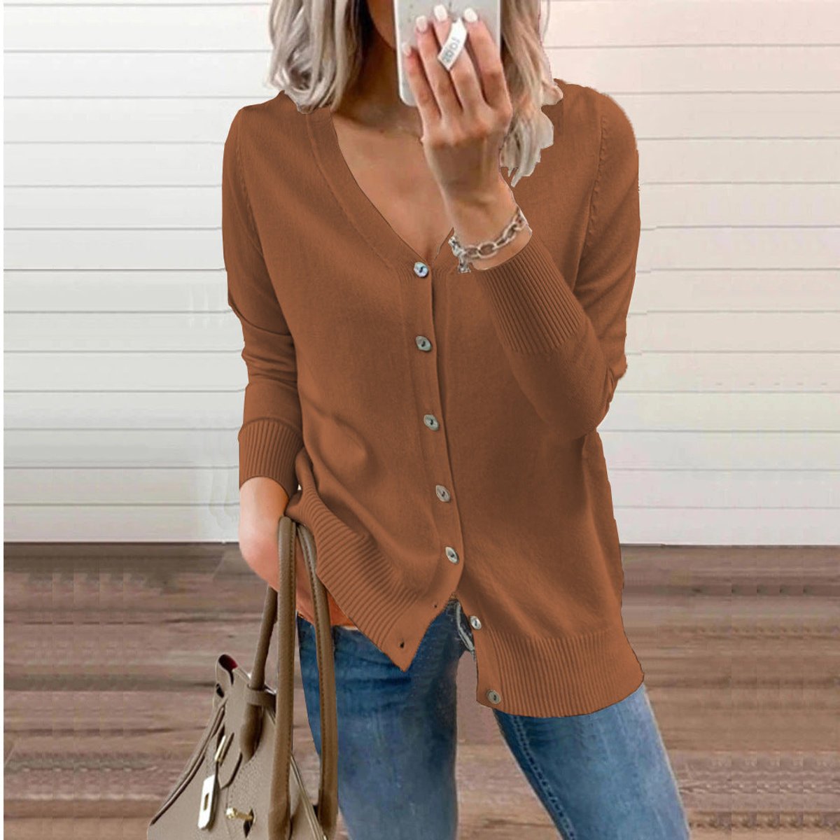 Women's Button-Through Knit Cardigan with Ribbed Cuffs – Brown
