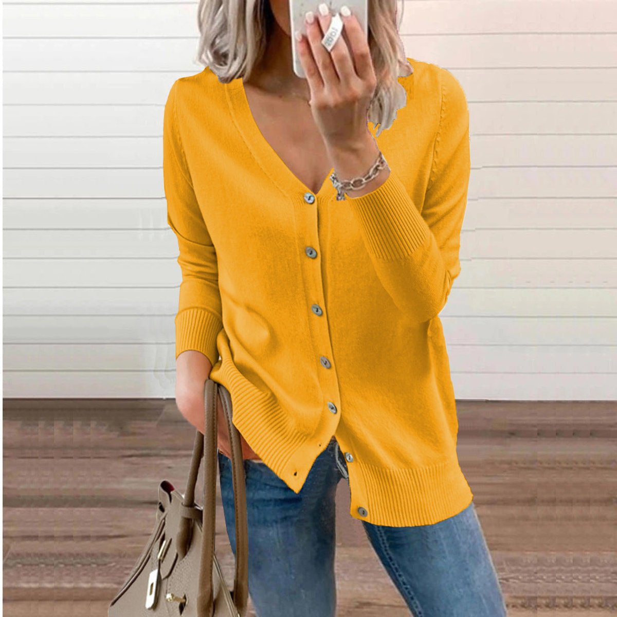 Women's Button-Through Knit Cardigan with Ribbed Cuffs – Yellow